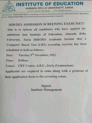 ABU Institute of Education admission screening exercise, 2020/2021