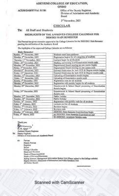 ACEONDO rain semester approved academic calendar, 2020/2021