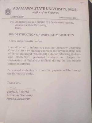 ADSU notice to returning students on payment of damages