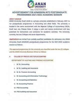 ANAN University postgraduate admission for 2021/2022 session