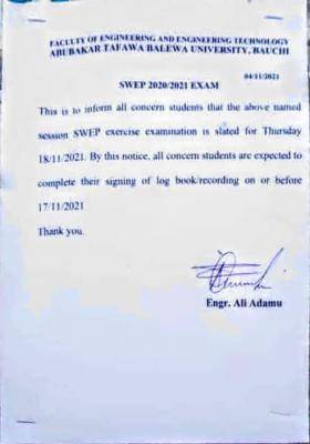 ATBU Faculty of Engineering notice on SWEP examination, 2020/2021