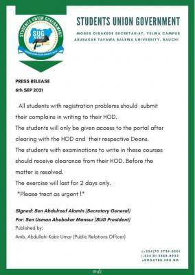 ATBU SUG notice to students with registration problems