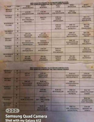 Abdul Gusau Polytechnic first semester examination timetable 2020/2021