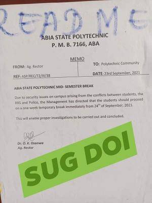 Abia State Poly notice on mid-semester break