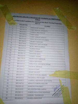 Adamawa State College of Nursing & Midwifery admission list for 2021/2022 session