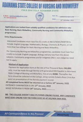 Adamawa State College of Nursing and Midwifery February 2022 admission form