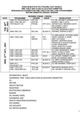 Akwa Poly rescheduled 2nd semester exam time table for HND I & II 2020/2021 session