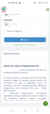 Aliko Dangote College Of Nursing 2021/2022 admission form