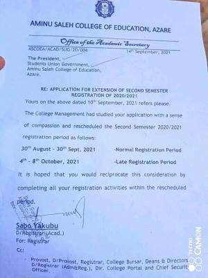 Aminu Saleh COE Azare notice on extension of 2nd semester registration for 2020/2021