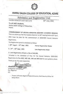 Aminu Saleh COE notice on commencement of 2nd semester, 2020/2021