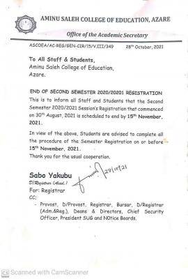 Aminu Saleh COE notice on end of registration for 2nd semester, 2020/2021