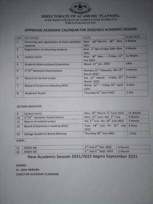 Audu Bako College of Agriculture academic calendar, 2021/2022