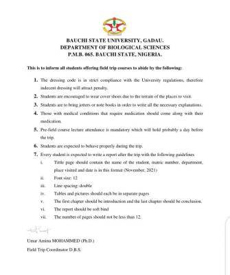 BASUG department of Biological Science notice to students on field trip