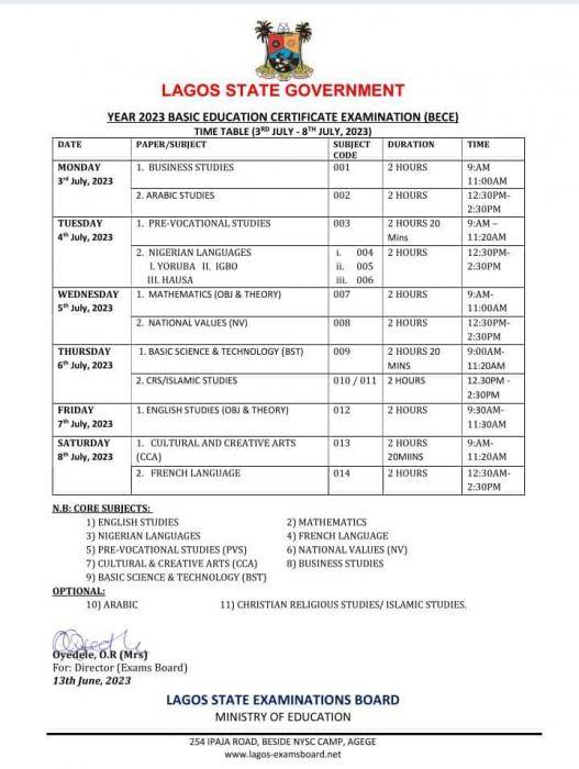 BECE 2023 time table for Ogun and Lagos State out