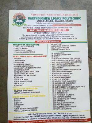 Bartholomew Legacy Polytechnic admission, 2021/2022 session