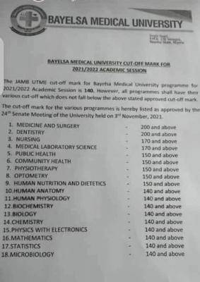 Bayelsa Medical University approved cut off marks for 2021/2022 session