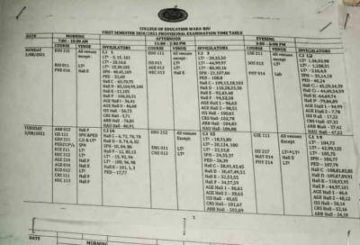 College of Education Waka-Biu first semester exam timetable, 2020/2021