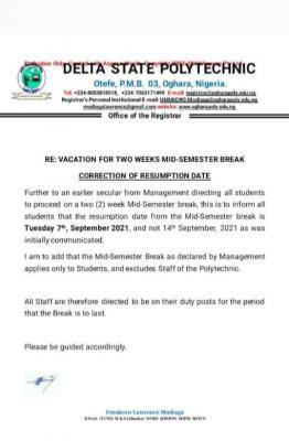 Delta Polytechnic Otefe-oghara update on mid-semester break