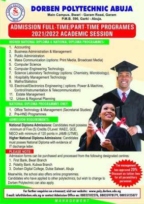 Dorben Polytechnic ND & HND Admission for 2021/2022 session