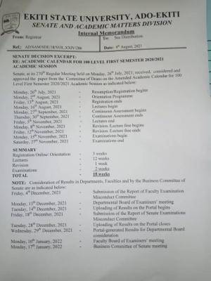 EKSU amended calendar for 1st year students, 2020/2021