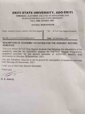 EKSU resumption of academic activities for 2nd semester, 2020/2021