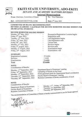 EKSU revised academic calendar for 2nd semester, 2021/2022 (200L - 500L)