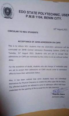 Edo State Poly notice to students who are yet to accept admission on JAMB CAPS, 2020/2021