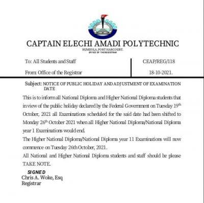 Elechi Amadi Poly notice to students on adjustment of examination date