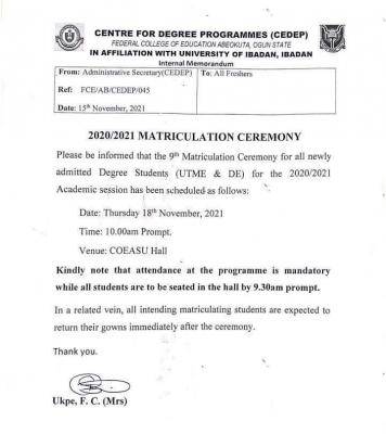 FCE Abeokuta announces matriculation ceremony for new degree students, 2020/2021