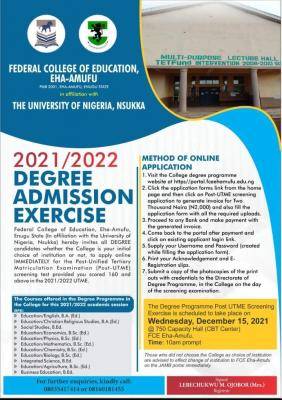 FCE Eha-Amufu Post-UTME screening date for degree applicants