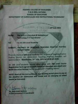 FCE, Katsina notice to 200 level students on issuance of teaching practice permit