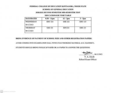 FCE Kontagora mid-semester GNS test timetable, 2020/2021