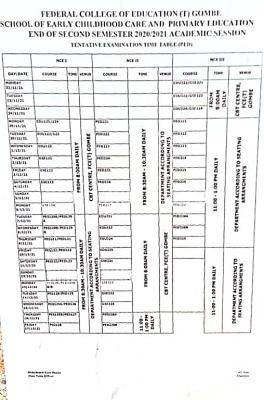 FCE (T) Gombe second semester examination timetable, 2020/2021