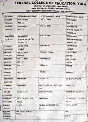 FCE Yola first semester exam timetable for 2020/2021 session