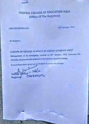 FCE Yola management directs students to vacate hostels