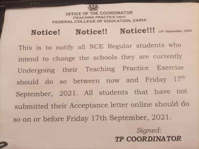 FCE Zaria notice to NCE III students on teaching practice