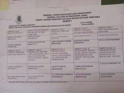 FCE Zaria second semester lecture timetable for 2019/2020 session