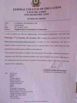 FCE Zaria supplementary psychometric examination