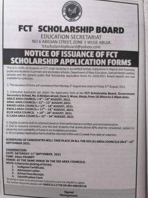 FCT Scholarship Board announces scholarship for all categories of students