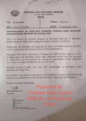 FPNO notice on commencement of first semester examination