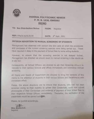 FPNO notice on interim revertion to manual screening of students