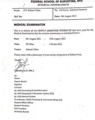 FSS Oyo notice to new students on medical examination