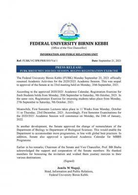 FUBK resumes 2020/2021 session, announces deadline for course registration