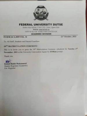 FUDutse announces 10th matriculation ceremony