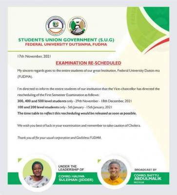 FUDutsinma reschedules 1st semester examination, 2020/2021