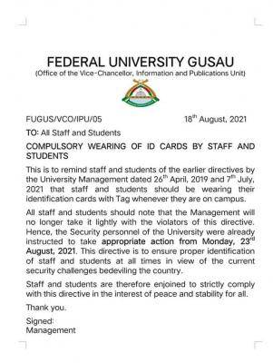 FUGUSAU makes wearing of ID card compulsory for students and staff