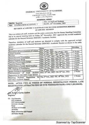 FUKashere revised academic calendar for 2nd semester, 2020/2021