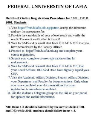 FULAFIA online registration procedure for 100L, DE & 200L Students