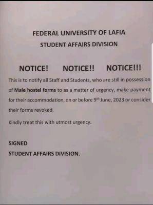 FULAFIA urgent notice on payment of hostel accommodation fee