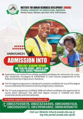 FUNAAB Pre-degree, JUPEB and IJMB admission forms, 2020/2021